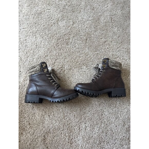 Just Fab Women's Size 7 Brown Ankle Combat Boots Fur Hiker Lace Up Baddie - Picture 5 of 8